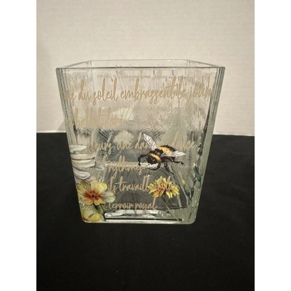 Teleflora Floral Square Glass Vase Cube Bee & French Script Design 4” Decorativ